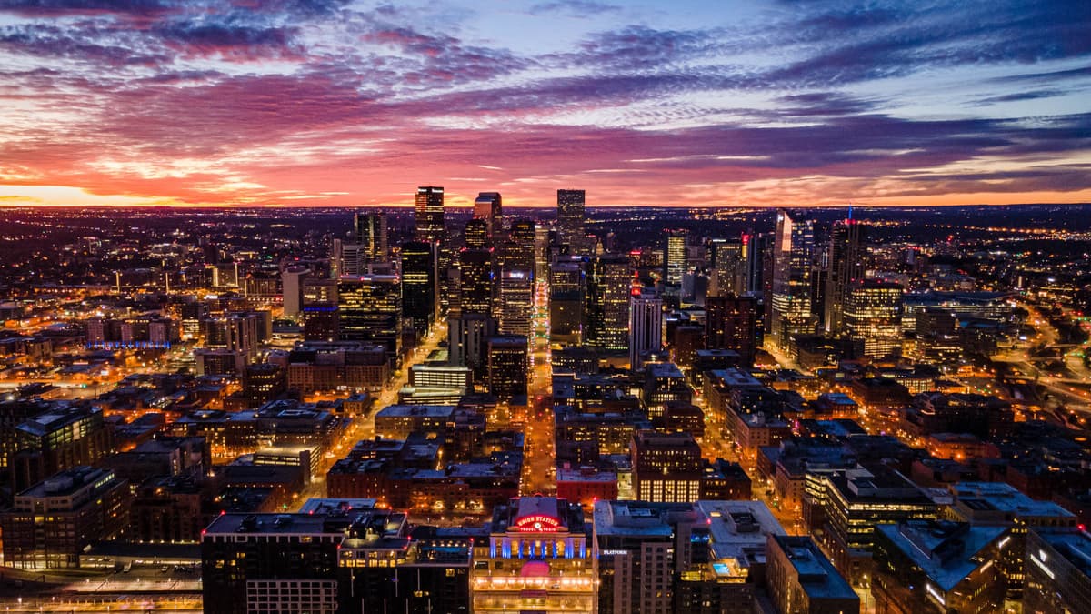 Beautiful sunrise over Union Station and downtown Denver.