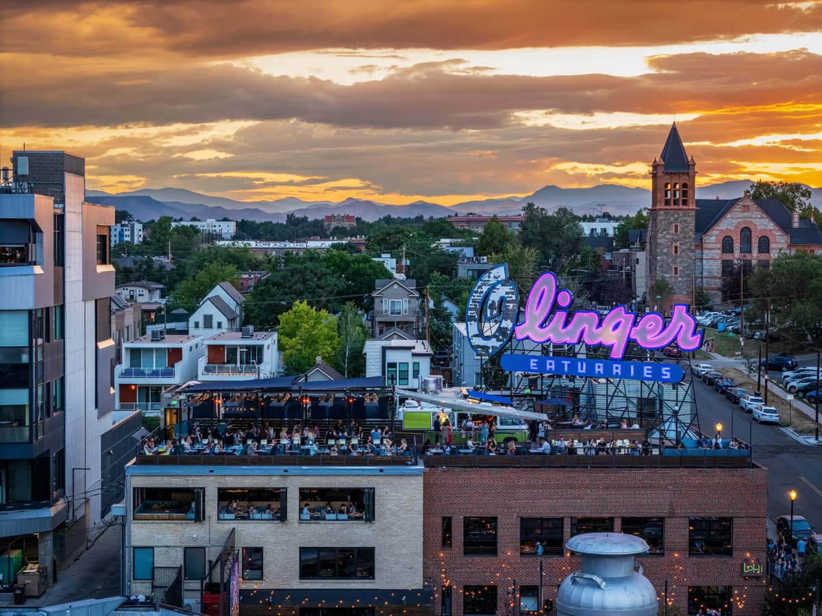 Aerial view of the restaurant Linger in LoHi at sunset.
