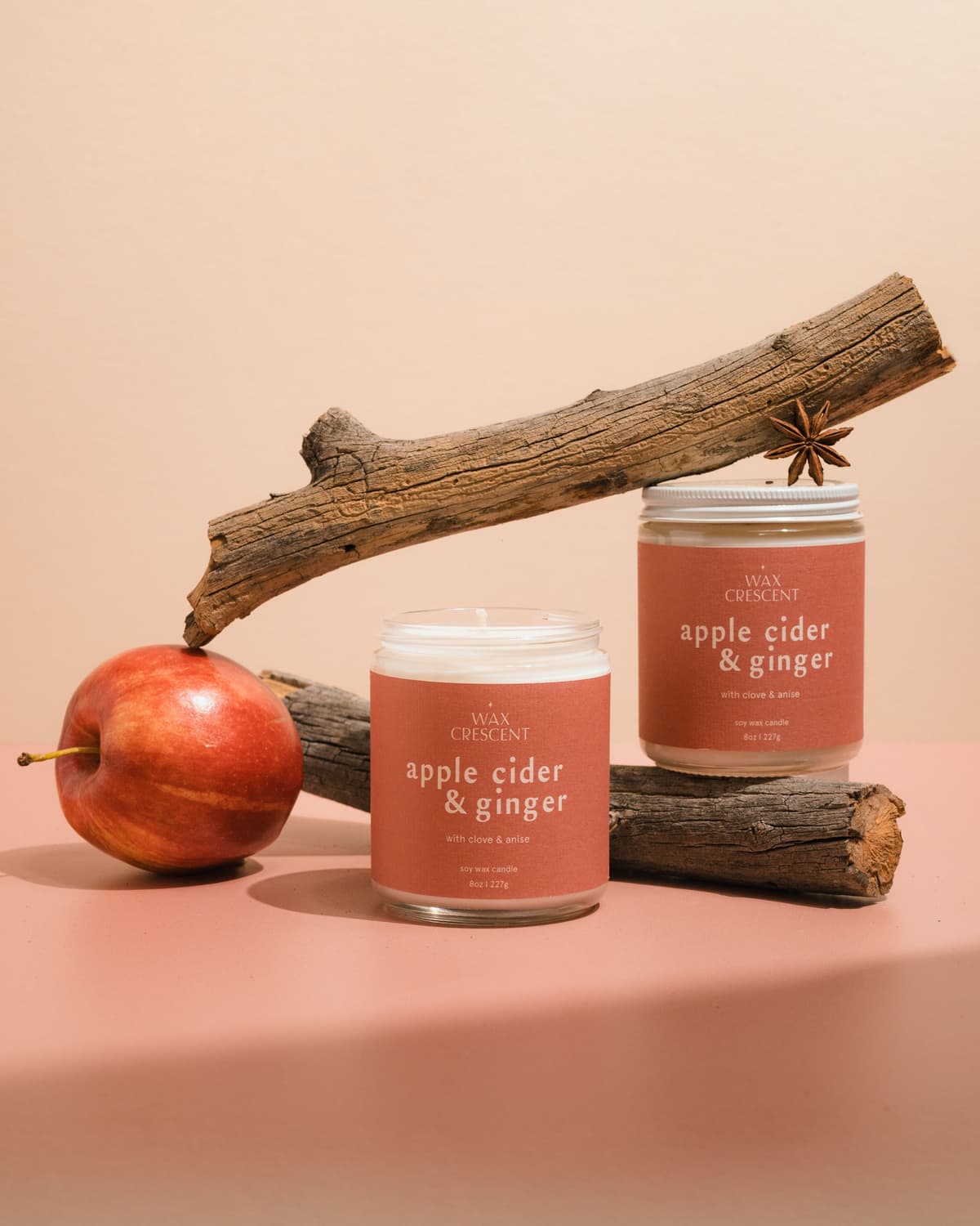 apple cider and ginger candles styled in fall theme
