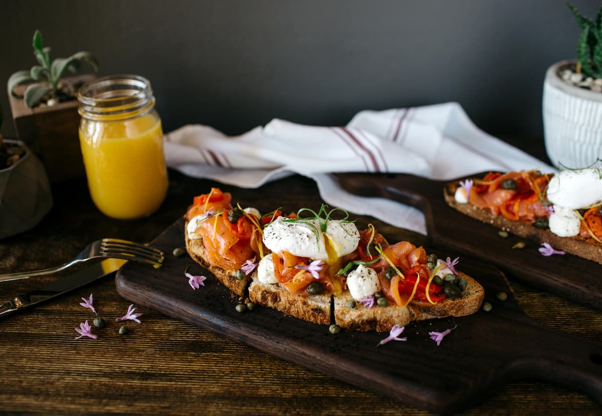 Eggs and lox on sourdough bread.