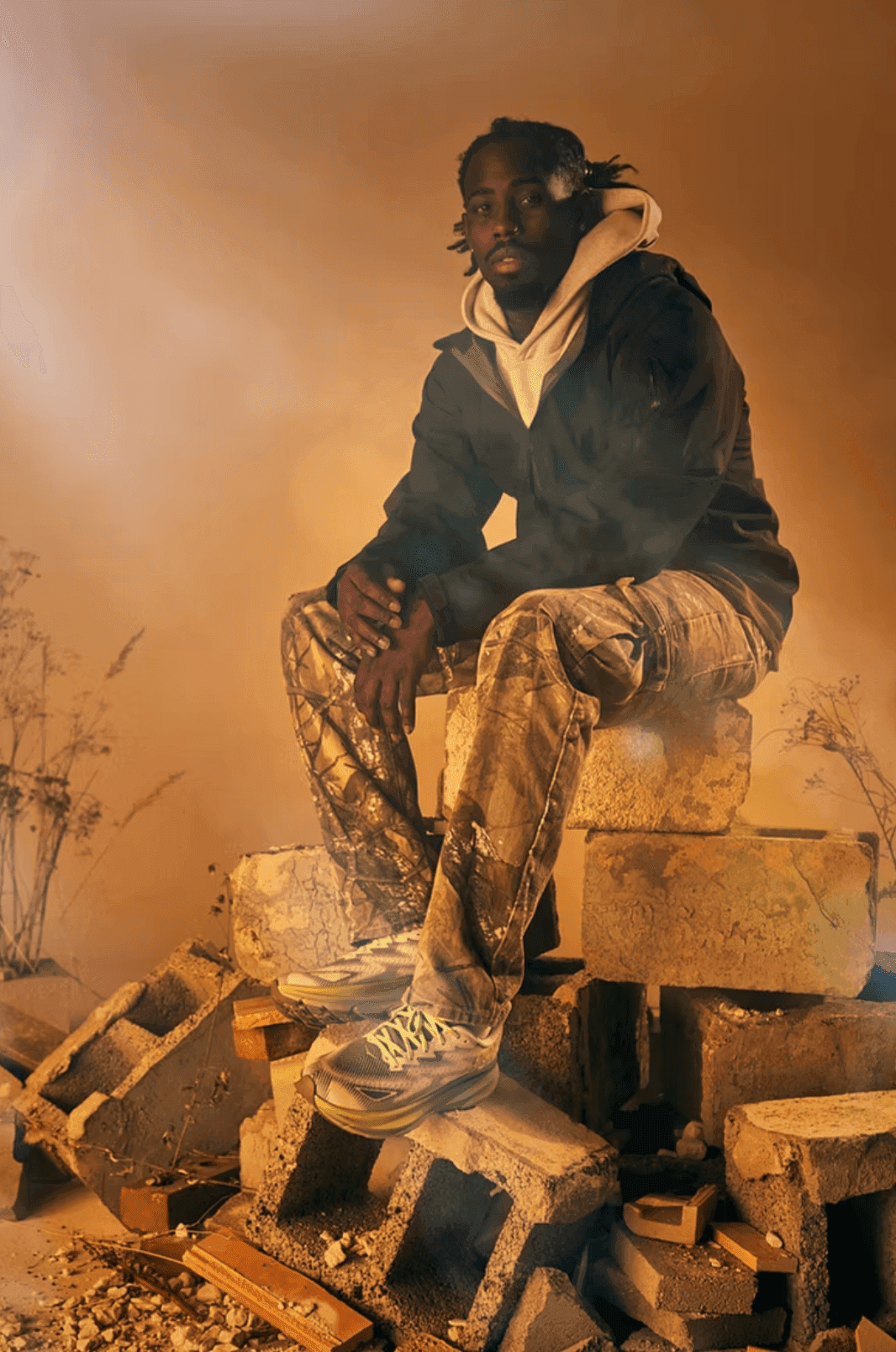 A model posing in Hoka shoes for a Footlocker lifestyle photoshoot