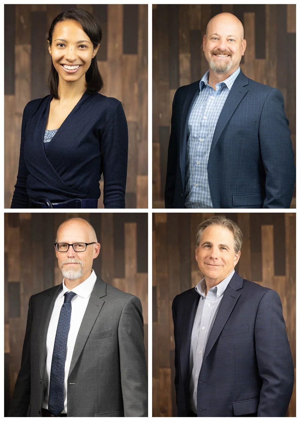 Corporate team headshots in Denver featuring four professionals photographed on location with a consistent background and lighting.